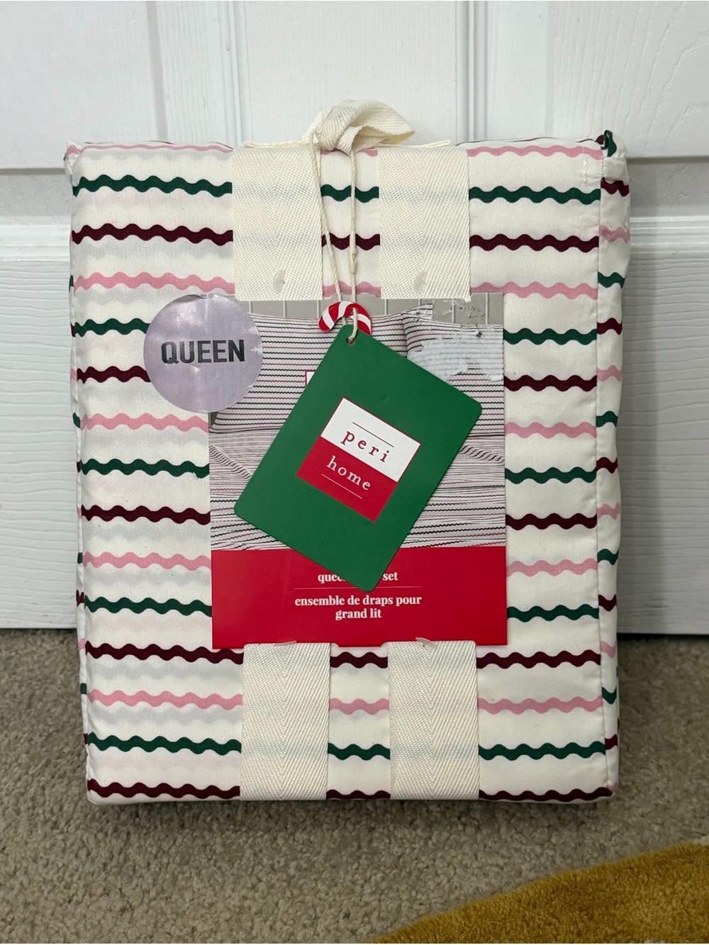 Queen Sheet Set in Off White with Pink, Green & Burgundy Wave Stripes